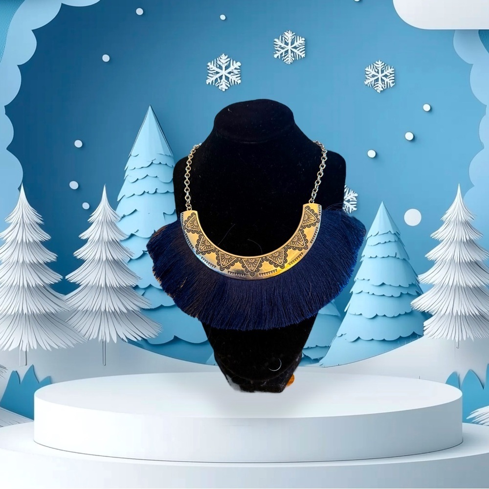 Blue Fringe Statement Necklace with Silver Crown